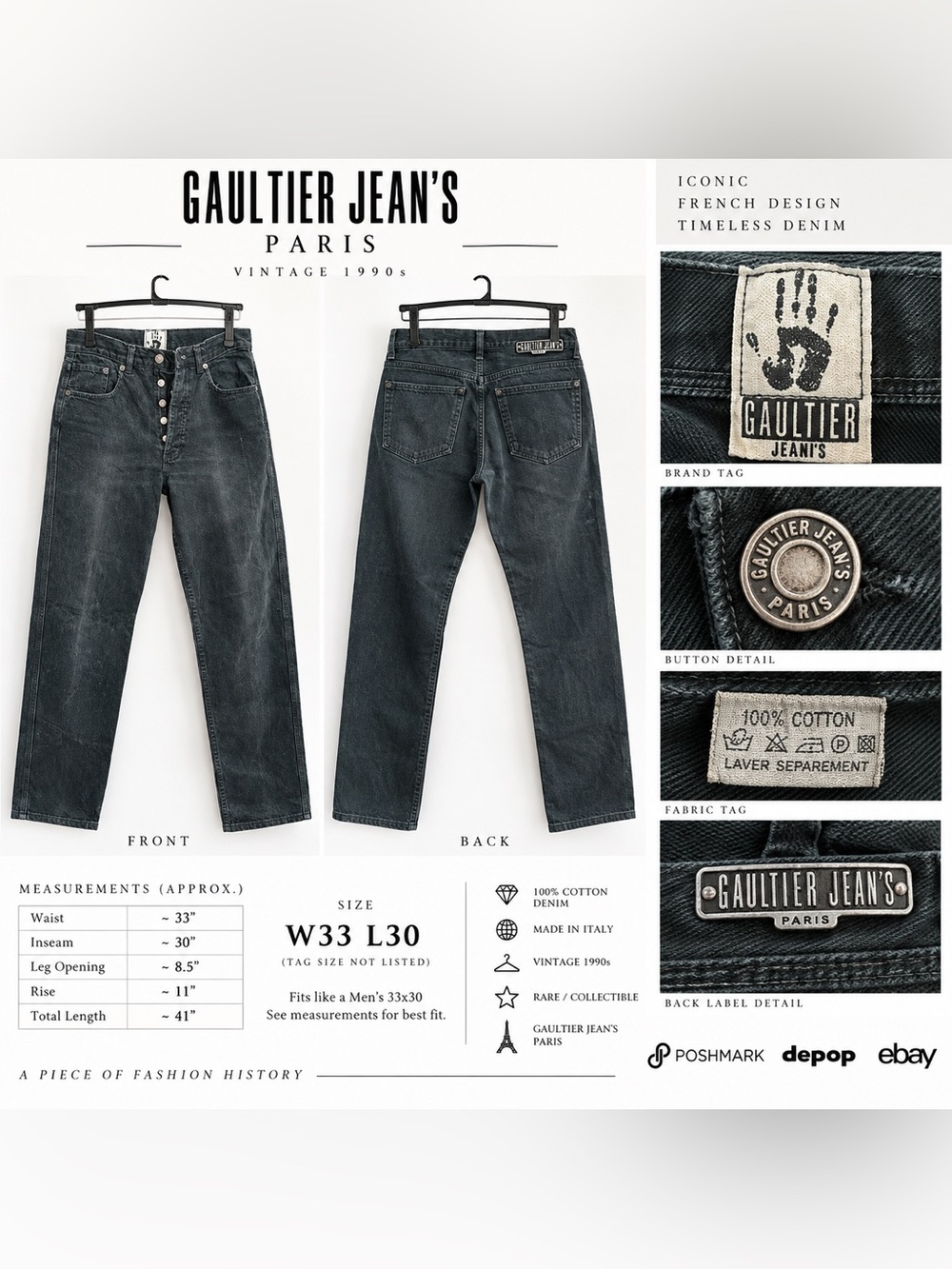 Jean Paul Gaultier Men's Black Straight Denim Jeans Vintage